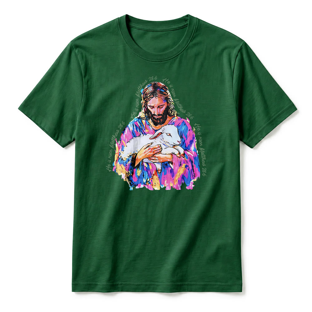 Christianartworkshop "Ha resucitado Mateo 28:6" Camiseta de manga corta premium Jesús y el Cordero - image 5
