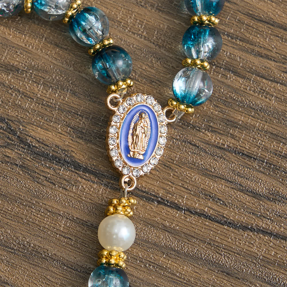 Christianartworkshop Rosario de cuentas de vidrio azul craquelado para la devoción mariana diaria. - image 7
