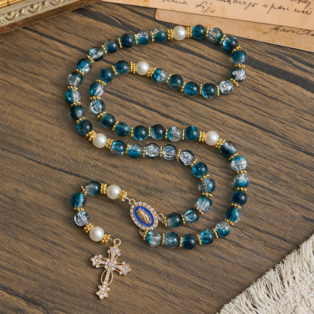 Christianartworkshop Rosario de cuentas de vidrio azul craquelado para la devoción mariana diaria. - image 2