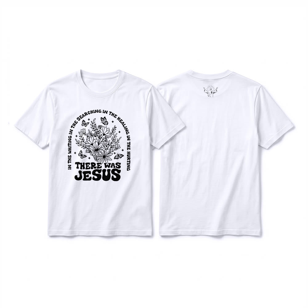 Christianartworkshop Camiseta de manga corta premium con estampado floral y de mariposas "Allí estaba Jesús" - Blanco - 2XL - image 1
