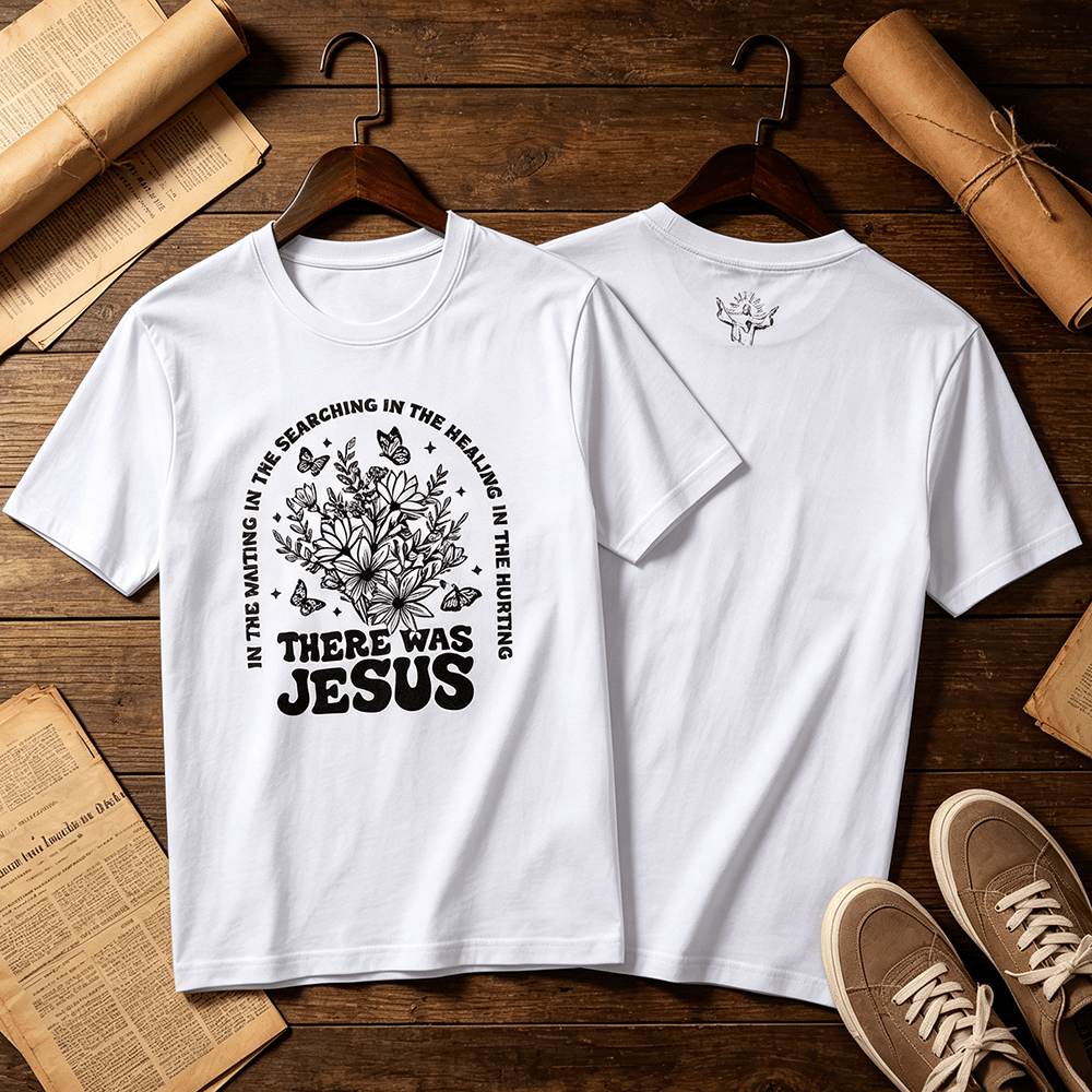 Christianartworkshop Camiseta de manga corta premium con estampado floral y de mariposas "Allí estaba Jesús" - image 0