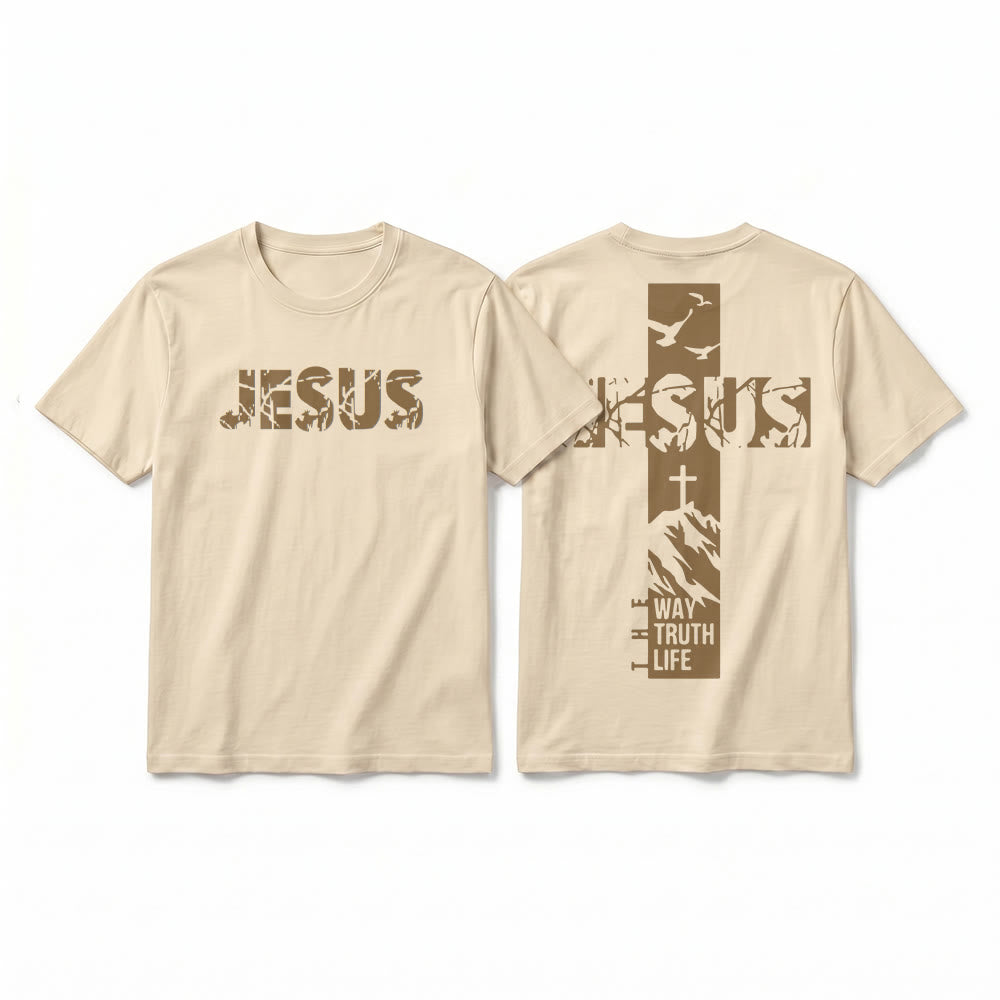 Christianartworkshop Camiseta de manga corta premium con cruz de montaña "JESÚS" - Beige - 2XL - image 1