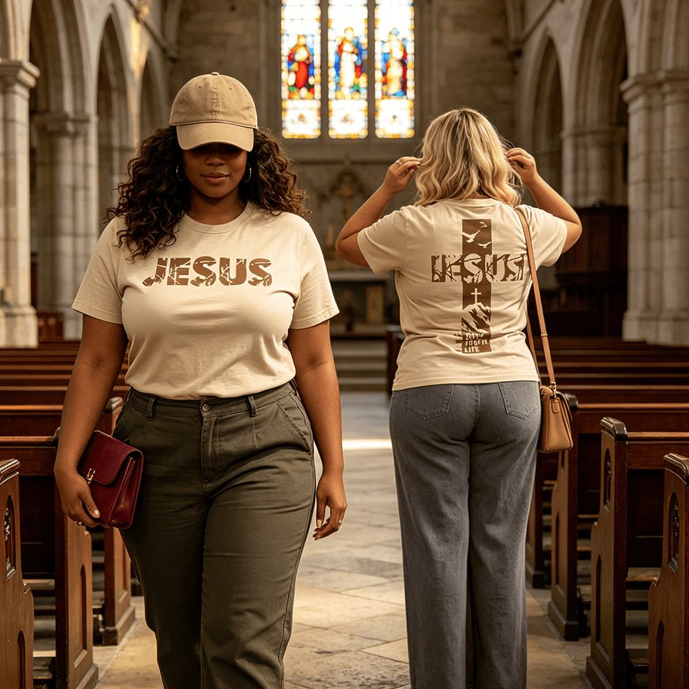 Christianartworkshop Camiseta de manga corta premium con cruz de montaña "JESÚS" - image 0