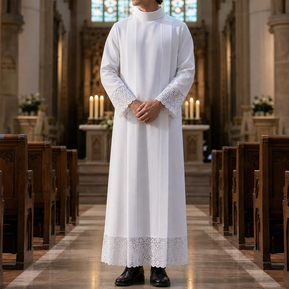 Christianartworkshop Alba litúrgica blanca con ribete de encaje para ceremonias sagradas. - image 1