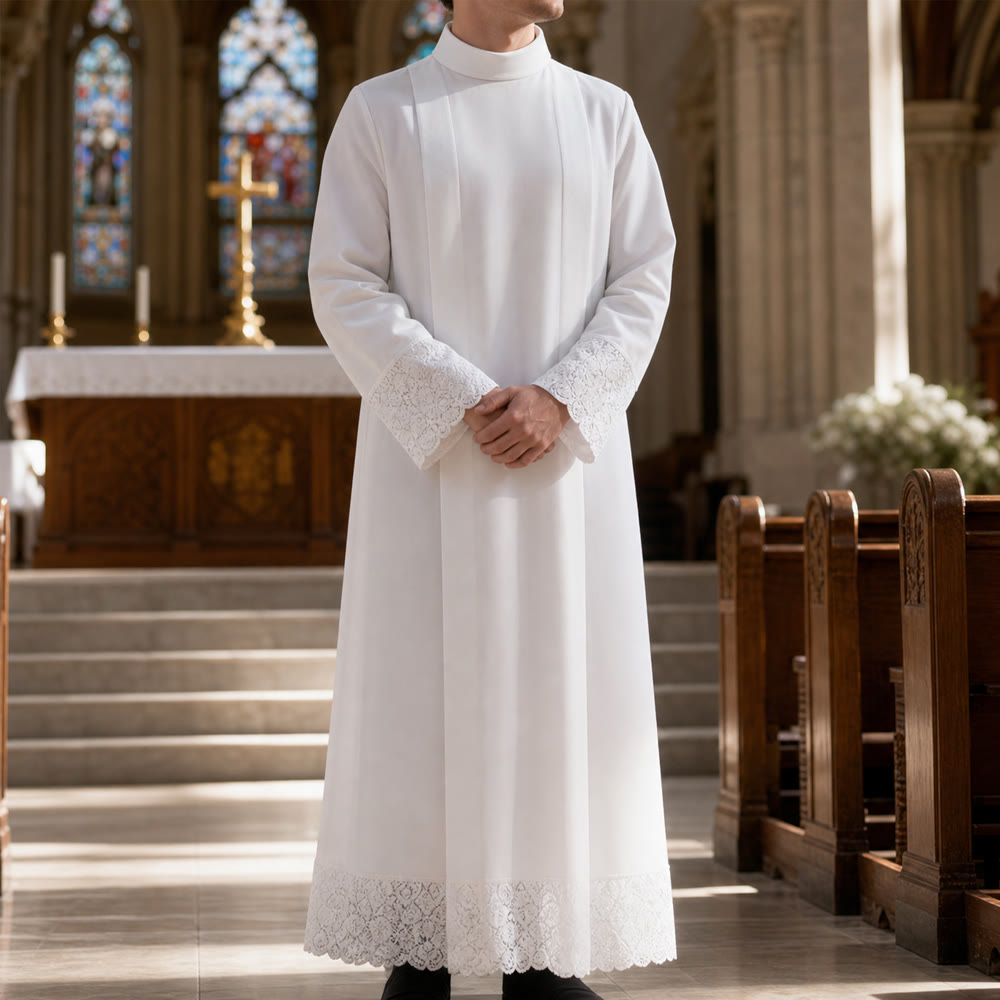 Christianartworkshop Alba litúrgica blanca con ribete de encaje para ceremonias sagradas. - image 0