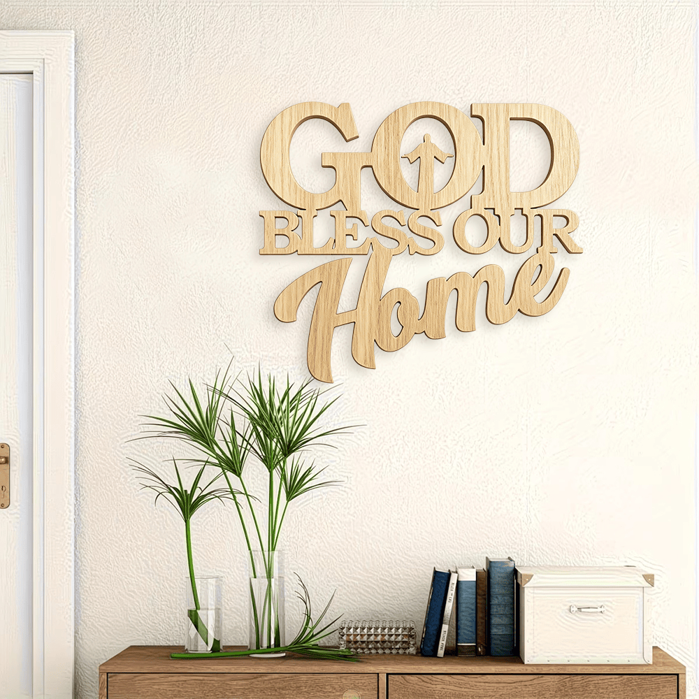 Christianartworkshop Letrero de pared de madera con silueta incrustada "Dios bendiga nuestro hogar": Emblema de bendición familiar - image 1