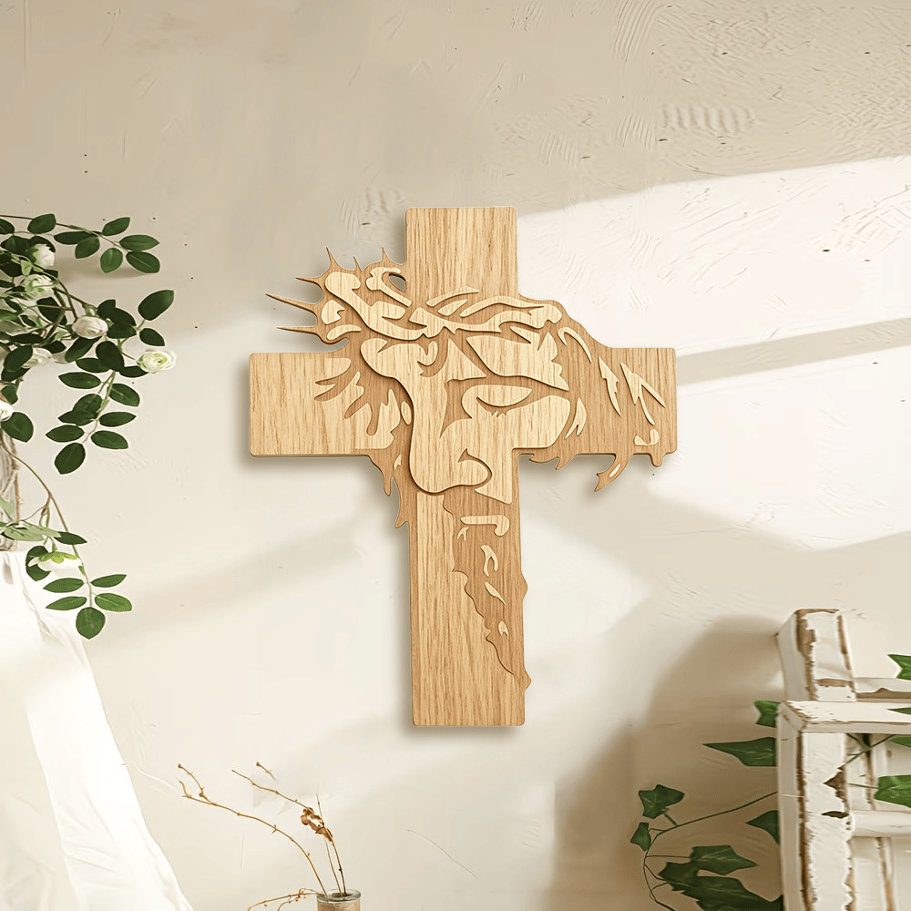 Christianartworkshop Placa de pared de madera con la cruz de espinas y el rostro santo de Jesús con los ojos cerrados, ideal para la meditación: Emblema de la Misericordia - image 1