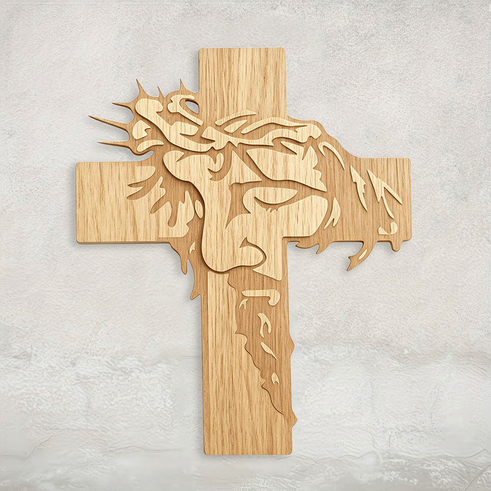 Christianartworkshop Placa de pared de madera con la cruz de espinas y el rostro santo de Jesús con los ojos cerrados, ideal para la meditación: Emblema de la Misericordia - image 0