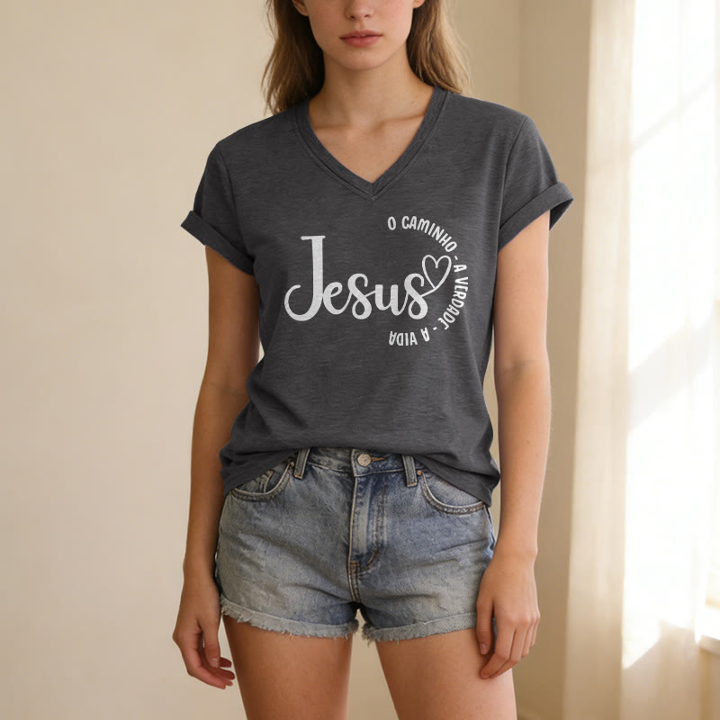 Christianartworkshop Jesus O Caminho A Verdade A Vida Heart Circle Camiseta informal con cuello en V - image 1