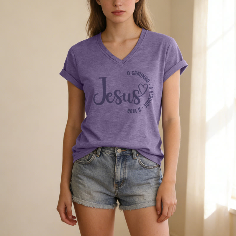 Christianartworkshop Jesus O Caminho A Verdade A Vida Heart Circle Camiseta informal con cuello en V - image 19
