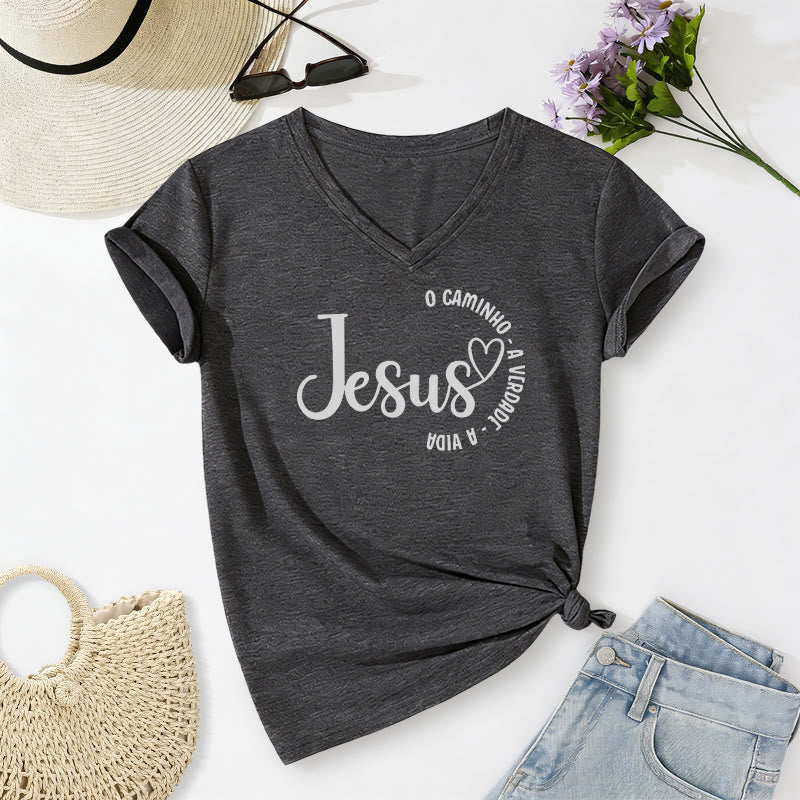 Christianartworkshop Jesus O Caminho A Verdade A Vida Heart Circle Camiseta informal con cuello en V - Gris oscuro - 2XL - image 0