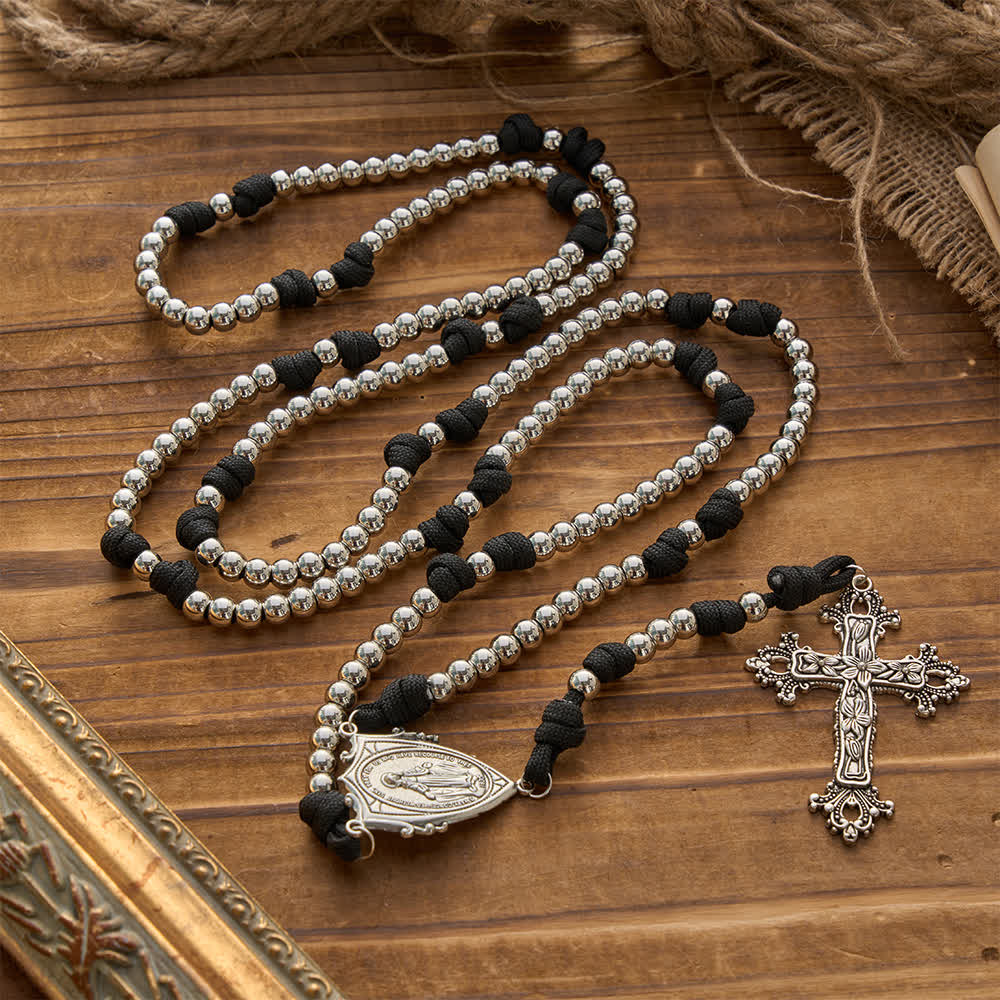Christianartworkshop Rosario resistente de 15 décadas con paracord plateado: Lleva la gracia de Nuestra Señora contigo a donde quiera que vayas. - Década 15 - Plata - image 1