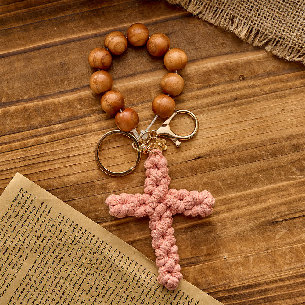Christianartworkshop Rosario de bolsillo y llavero de cuentas de sándalo con cruz de ganchillo multicolor hecha a mano - Rosa - image 2