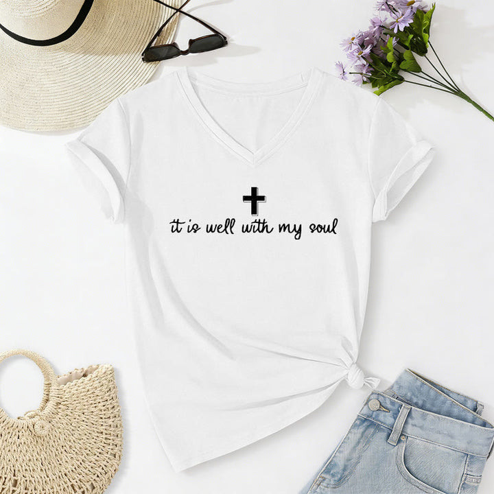 Christianartworkshop Camiseta informal con cuello en V y estampado de cruz "It Is Well With My Soul" - Blanco - 2XL - image 14