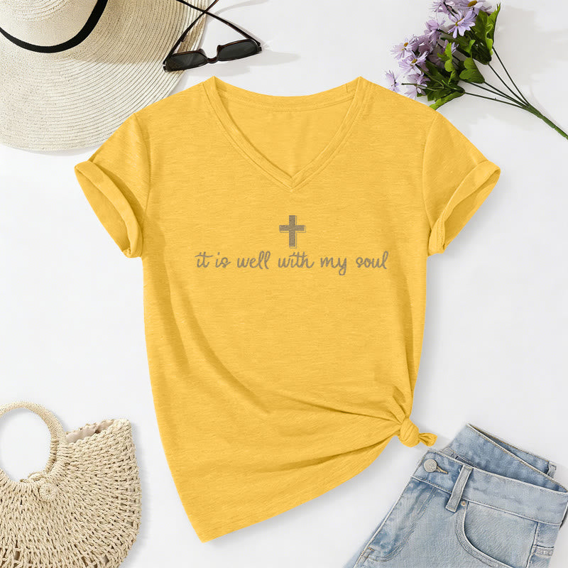 Christianartworkshop Camiseta informal con cuello en V y estampado de cruz "It Is Well With My Soul" - Amarillo - 2XL - image 10