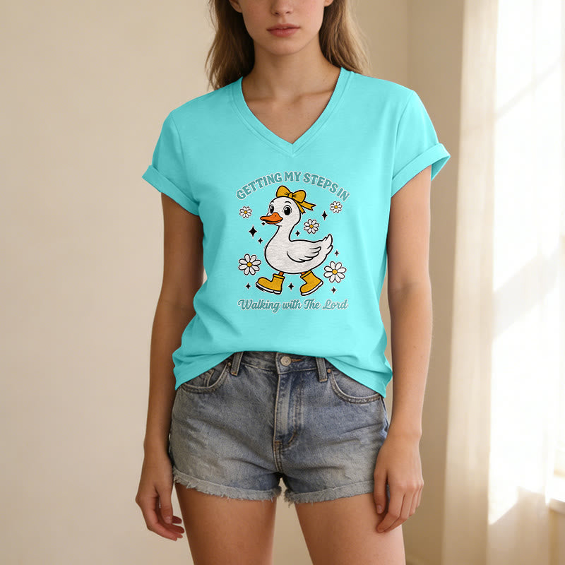 Christianartworkshop Consiguiendo mis pasos Caminando con el Señor Pato Daisy de dibujos animados Camiseta informal con cuello en V - image 19