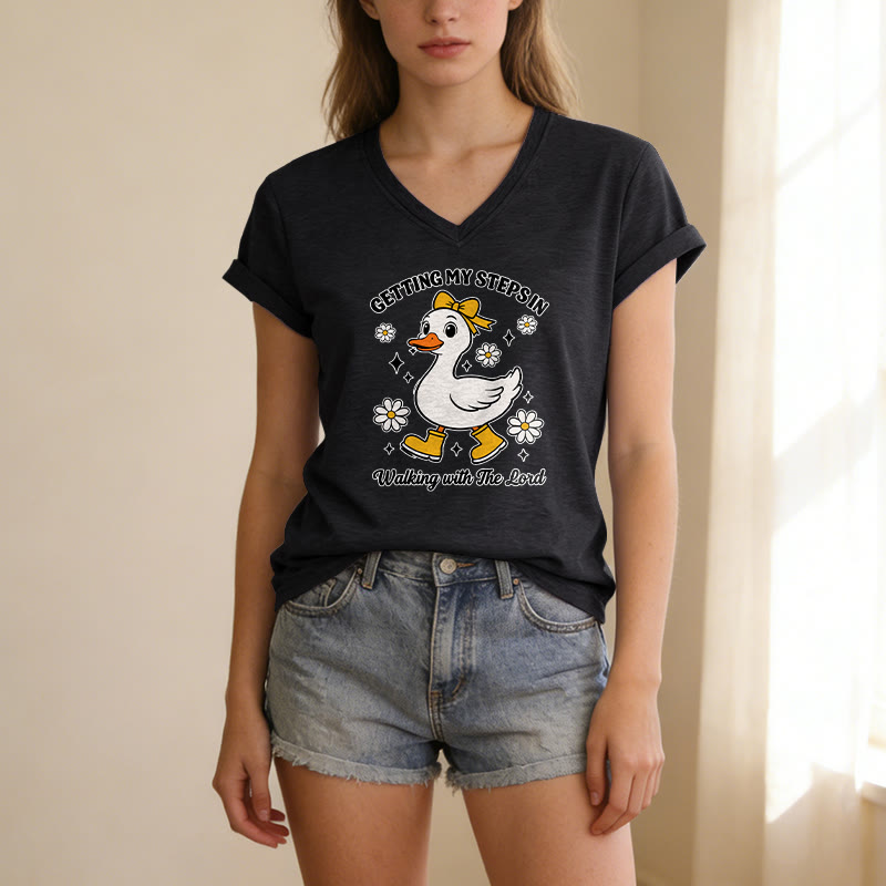 Christianartworkshop Consiguiendo mis pasos Caminando con el Señor Pato Daisy de dibujos animados Camiseta informal con cuello en V - image 11