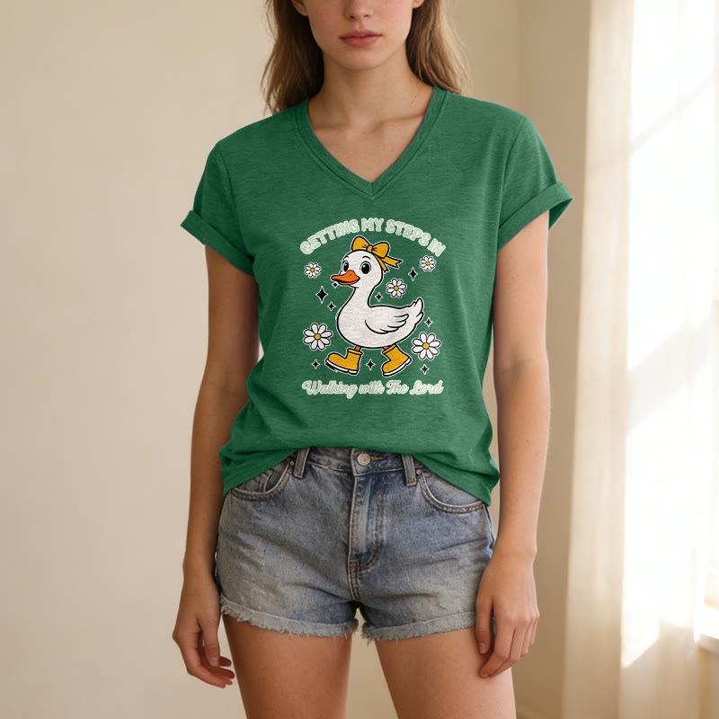 Christianartworkshop Consiguiendo mis pasos Caminando con el Señor Pato Daisy de dibujos animados Camiseta informal con cuello en V - image 21