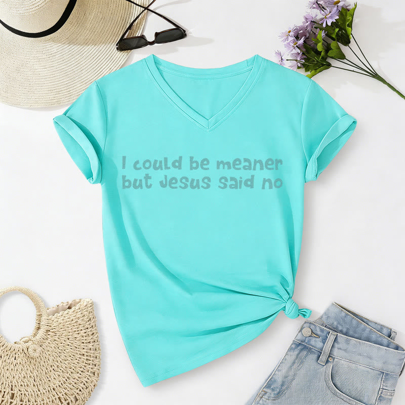 Christianartworkshop "Podría ser más malo, pero Jesús dijo que no" Camiseta informal divertida con cuello en V y mensaje de fe. - Azul cielo - 2XL - image 20