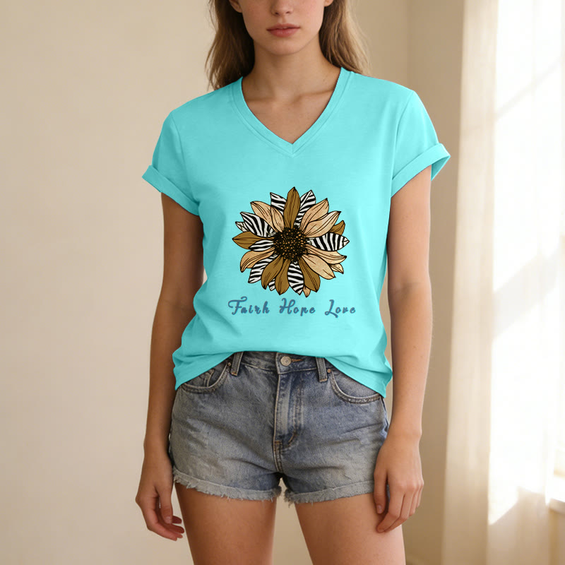 Christianartworkshop Camiseta informal con cuello en V y estampado de cebra y girasoles "Fe, Esperanza, Amor" - image 23