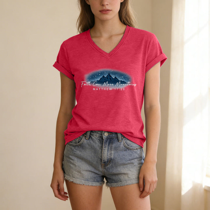 Christianartworkshop La fe mueve montañas Mateo 17:20 Camiseta informal con cuello en V y estampado de la Montaña Estrellada - image 5