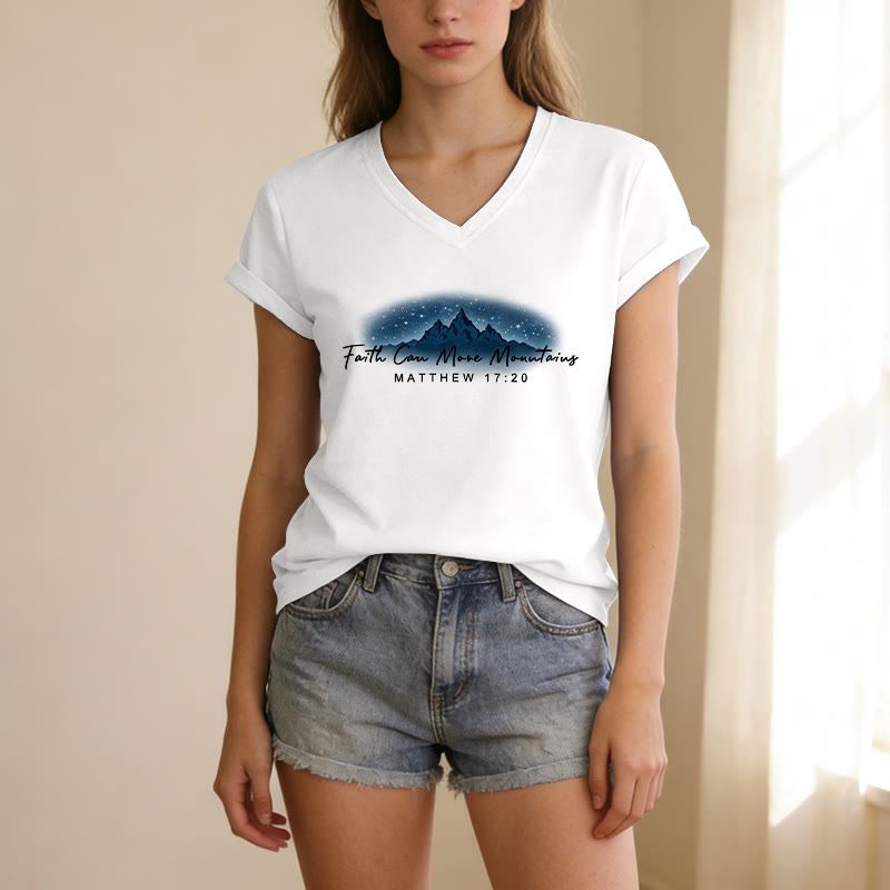 Christianartworkshop La fe mueve montañas Mateo 17:20 Camiseta informal con cuello en V y estampado de la Montaña Estrellada - image 21