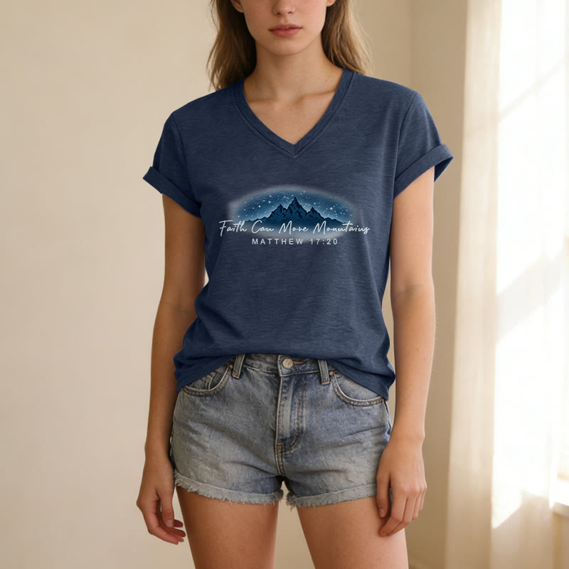 Christianartworkshop La fe mueve montañas Mateo 17:20 Camiseta informal con cuello en V y estampado de la Montaña Estrellada - image 1