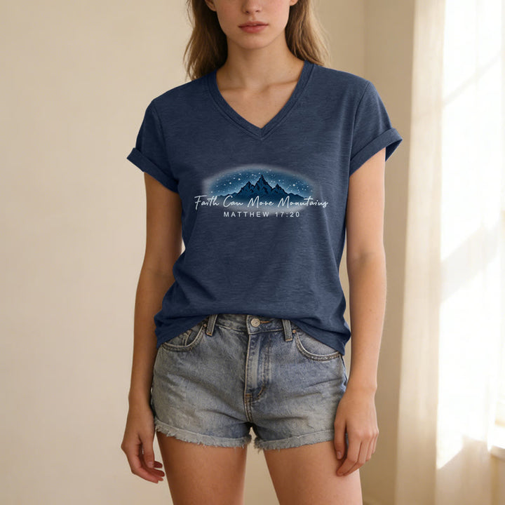 Christianartworkshop La fe mueve montañas Mateo 17:20 Camiseta informal con cuello en V y estampado de la Montaña Estrellada - image 1