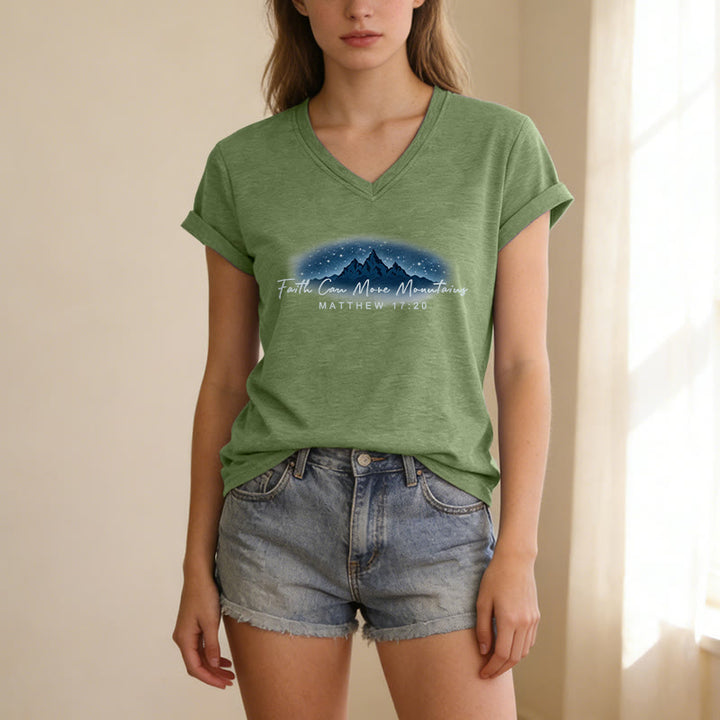 Christianartworkshop La fe mueve montañas Mateo 17:20 Camiseta informal con cuello en V y estampado de la Montaña Estrellada - image 19