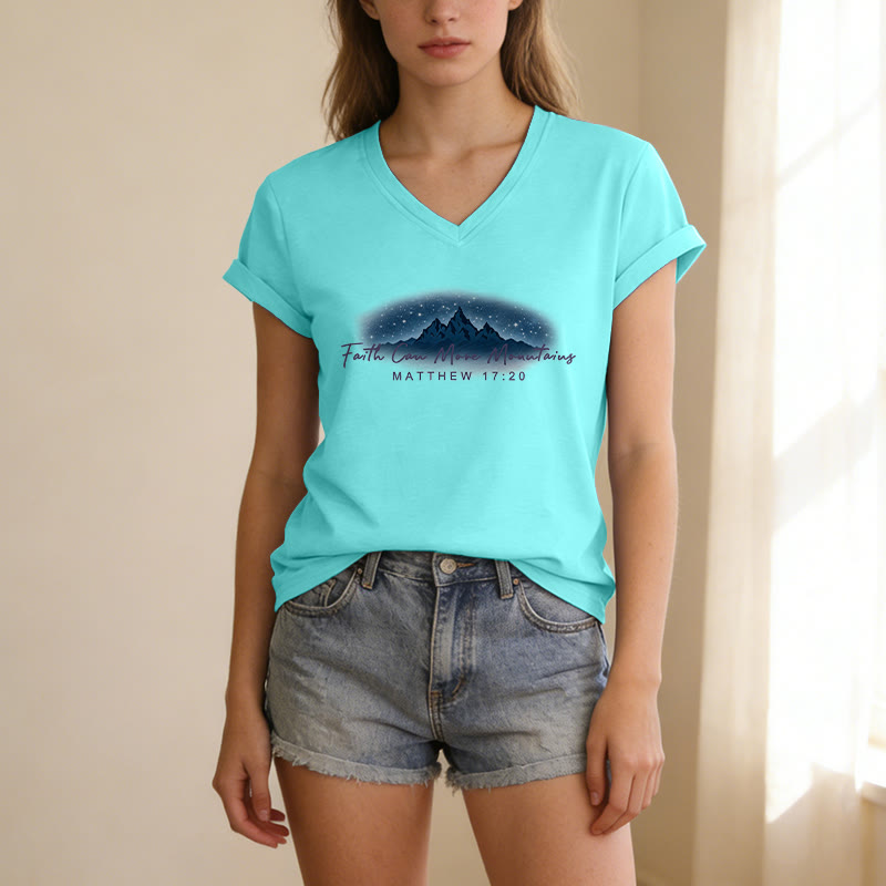 Christianartworkshop La fe mueve montañas Mateo 17:20 Camiseta informal con cuello en V y estampado de la Montaña Estrellada - image 23