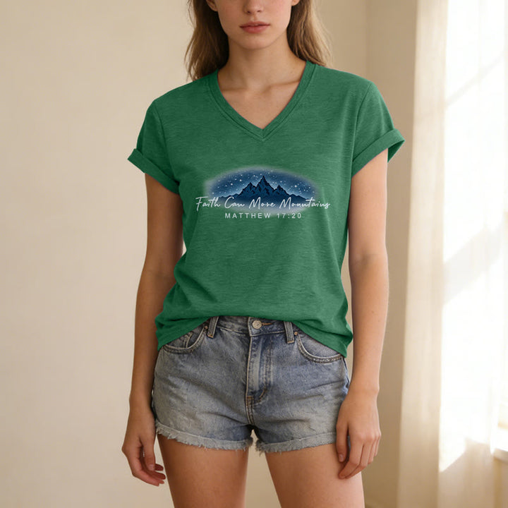 Christianartworkshop La fe mueve montañas Mateo 17:20 Camiseta informal con cuello en V y estampado de la Montaña Estrellada - image 25