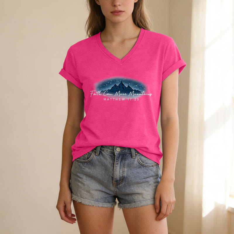 Christianartworkshop La fe mueve montañas Mateo 17:20 Camiseta informal con cuello en V y estampado de la Montaña Estrellada - image 7
