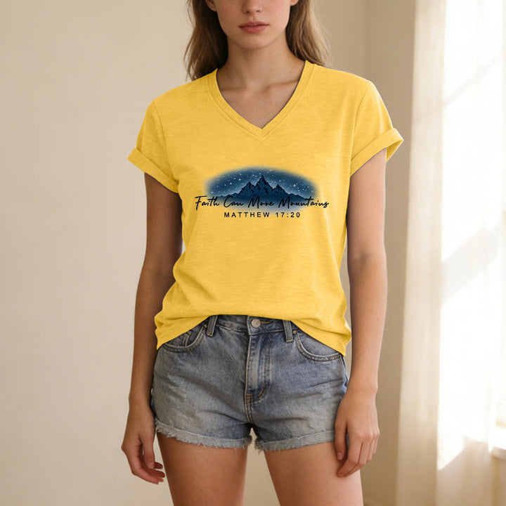 Christianartworkshop La fe mueve montañas Mateo 17:20 Camiseta informal con cuello en V y estampado de la Montaña Estrellada - image 17