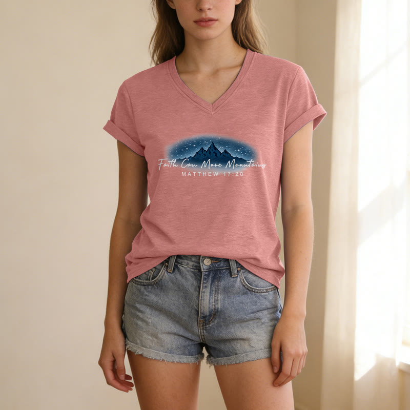 Christianartworkshop La fe mueve montañas Mateo 17:20 Camiseta informal con cuello en V y estampado de la Montaña Estrellada - image 13