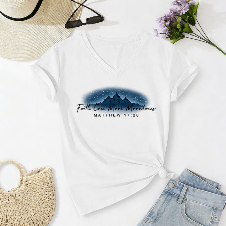 Christianartworkshop La fe mueve montañas Mateo 17:20 Camiseta informal con cuello en V y estampado de la Montaña Estrellada - Blanco - 2XL - image 20