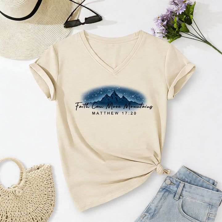 Christianartworkshop La fe mueve montañas Mateo 17:20 Camiseta informal con cuello en V y estampado de la Montaña Estrellada - Beige - 2XL - image 2