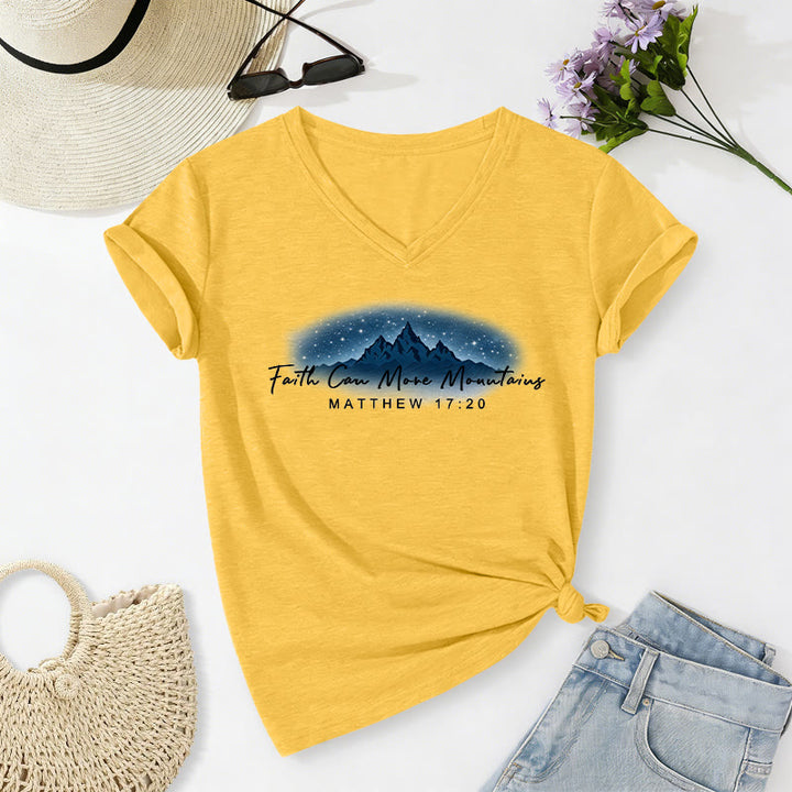 Christianartworkshop La fe mueve montañas Mateo 17:20 Camiseta informal con cuello en V y estampado de la Montaña Estrellada - Amarillo - 2XL - image 16
