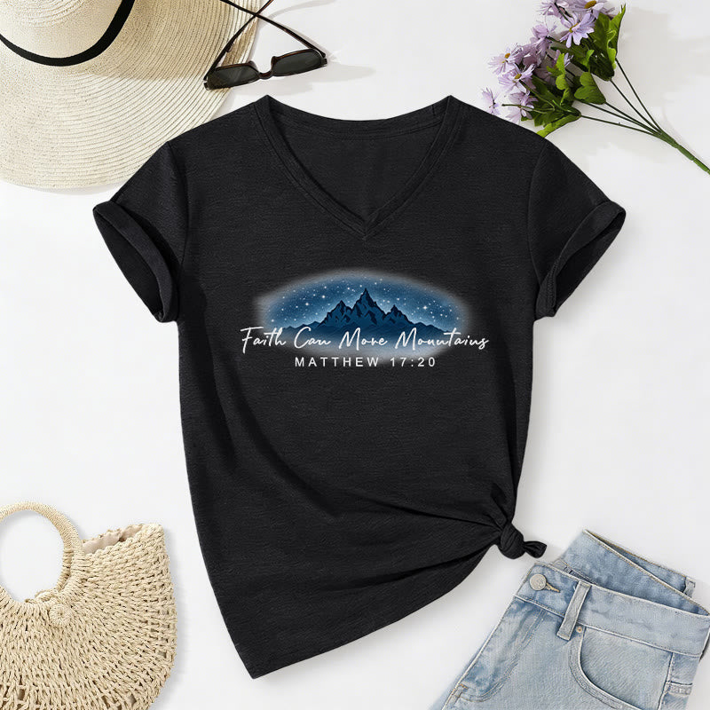 Christianartworkshop La fe mueve montañas Mateo 17:20 Camiseta informal con cuello en V y estampado de la Montaña Estrellada - Negro - 2XL - image 14
