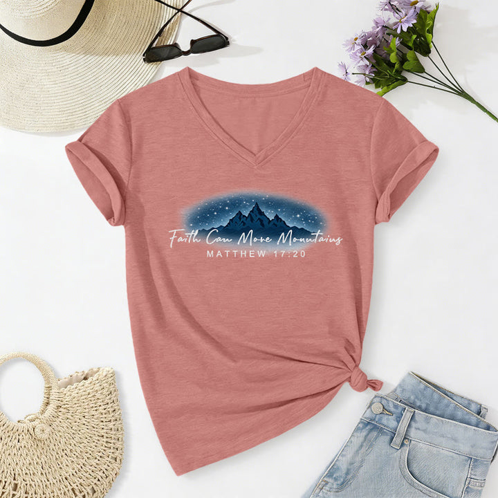 Christianartworkshop La fe mueve montañas Mateo 17:20 Camiseta informal con cuello en V y estampado de la Montaña Estrellada - rosa claro - 2XL - image 12