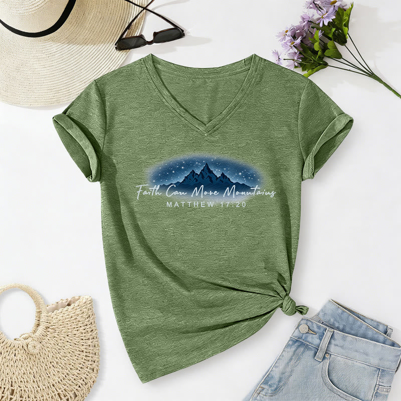 Christianartworkshop La fe mueve montañas Mateo 17:20 Camiseta informal con cuello en V y estampado de la Montaña Estrellada - Verde oliva - 2XL - image 18