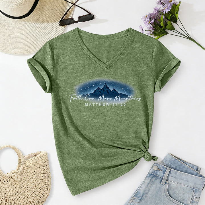 Christianartworkshop La fe mueve montañas Mateo 17:20 Camiseta informal con cuello en V y estampado de la Montaña Estrellada - Verde oliva - 2XL - image 18