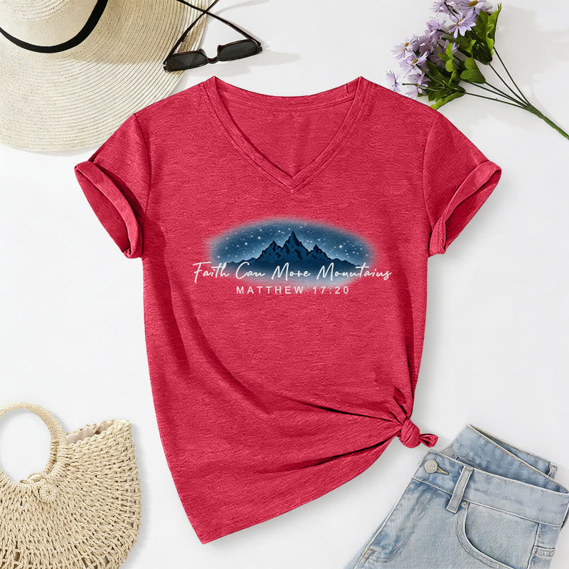 Christianartworkshop La fe mueve montañas Mateo 17:20 Camiseta informal con cuello en V y estampado de la Montaña Estrellada - Rojo - 2XL - image 4