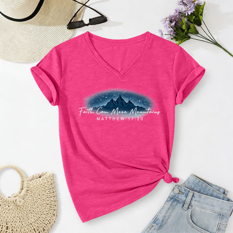 Christianartworkshop La fe mueve montañas Mateo 17:20 Camiseta informal con cuello en V y estampado de la Montaña Estrellada - Rosa - 2XL - image 6