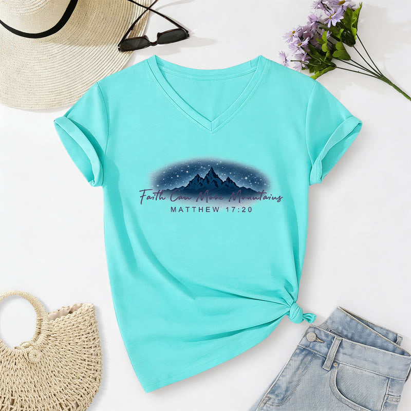 Christianartworkshop La fe mueve montañas Mateo 17:20 Camiseta informal con cuello en V y estampado de la Montaña Estrellada - Azul cielo - 2XL - image 22