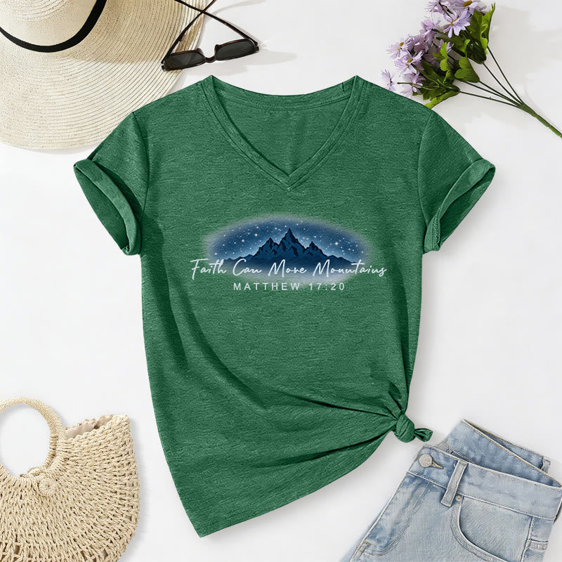 Christianartworkshop La fe mueve montañas Mateo 17:20 Camiseta informal con cuello en V y estampado de la Montaña Estrellada - Verde oscuro - 2XL - image 24