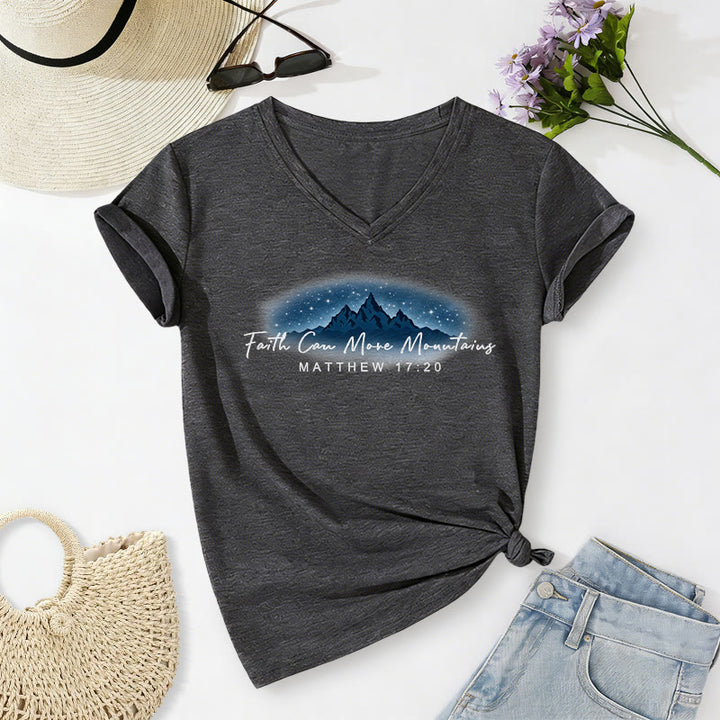 Christianartworkshop La fe mueve montañas Mateo 17:20 Camiseta informal con cuello en V y estampado de la Montaña Estrellada - Gris oscuro - 2XL - image 10