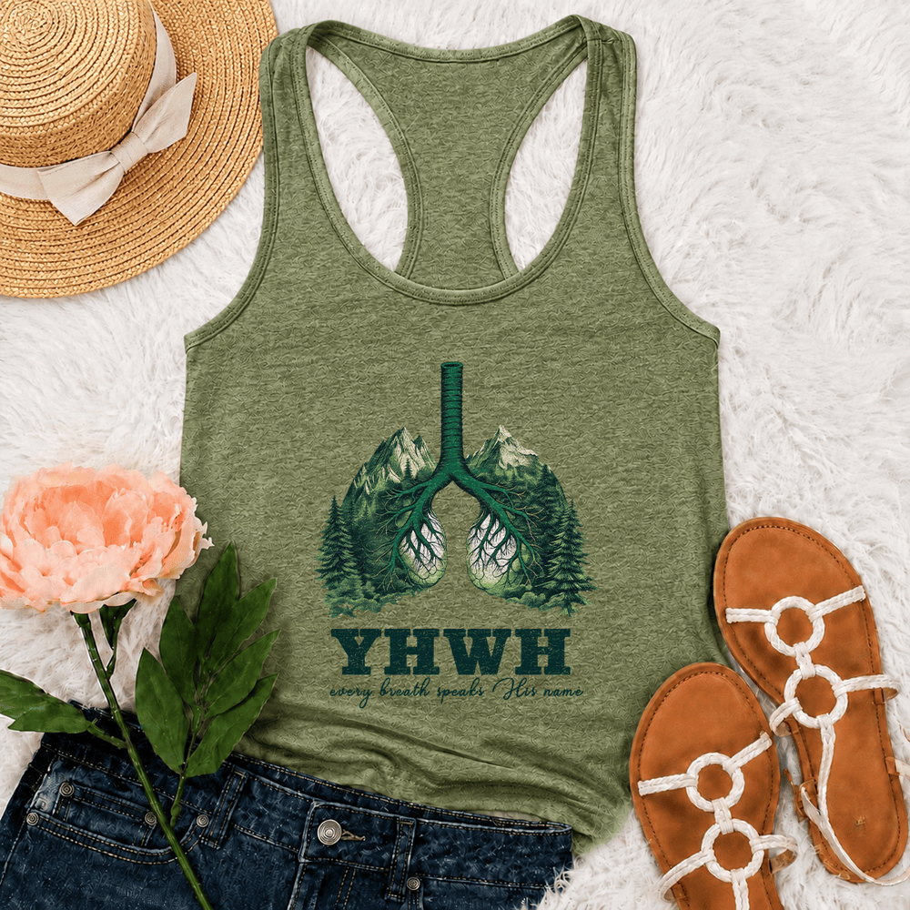 Christianartworkshop Camiseta sin mangas estilo racerback YHWH Cada aliento pronuncia su nombre - Verde oliva - 2XL - image 0