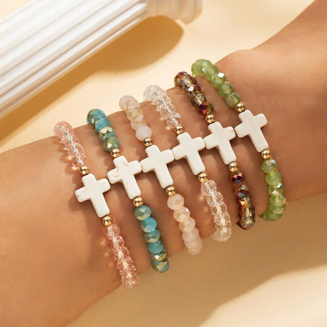 Christianartworkshop Conjunto de pulseras multicapa con cruz, cristales facetados, minerales mate y cuentas redondas lisas. - B - image 3