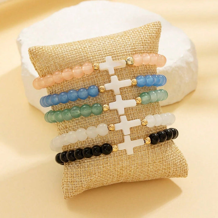 Christianartworkshop Conjunto de pulseras multicapa con cruz, cristales facetados, minerales mate y cuentas redondas lisas. - image 1