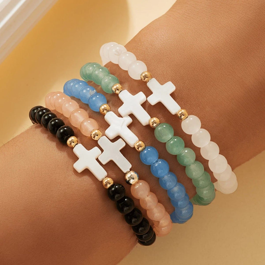Christianartworkshop Conjunto de pulseras multicapa con cruz, cristales facetados, minerales mate y cuentas redondas lisas. - A - image 0